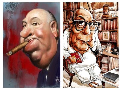 Caricatures. Left: Alfred Hitchcock. Right: Nirmal Chandra Kumar.