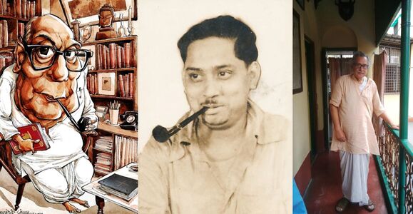 Left, Nirmal Chandra Kumar, a caricature in his old age and an image of him in his younger days. Right , Parimal Ray.