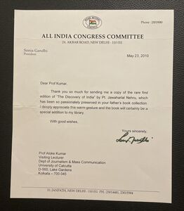 Letter of appreciation from Sonia Gandhi