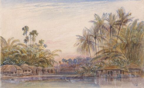Russapugla later named Tollygunge. Painting. Edward Lear. The family was settled in hutments on marshy tracts of land in Russapugla. Watercolour with gouache.
