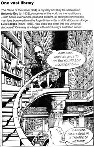 Caricature of Borges lost in his library